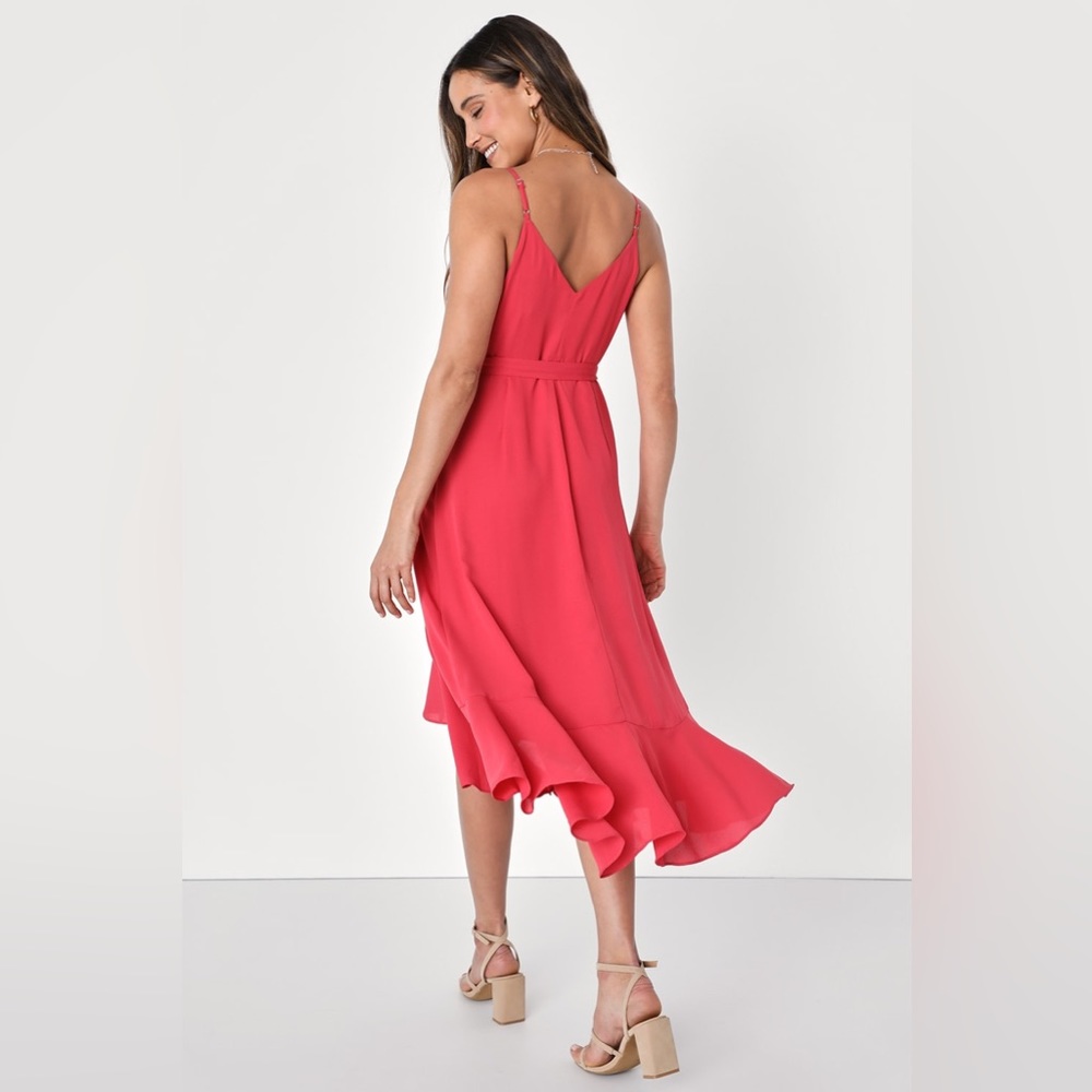 Lulu’s Manhattan Moment Berry Pink Ruffled Midi Wrap Dress in Red , XS S L - Picture 5 of 5
